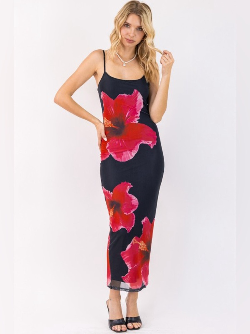 Black Floral Slip Maxi Dress with Red Blooms